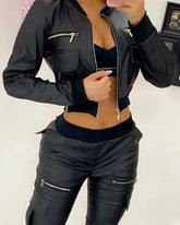 PU Leather Zipper Front Short Jacket